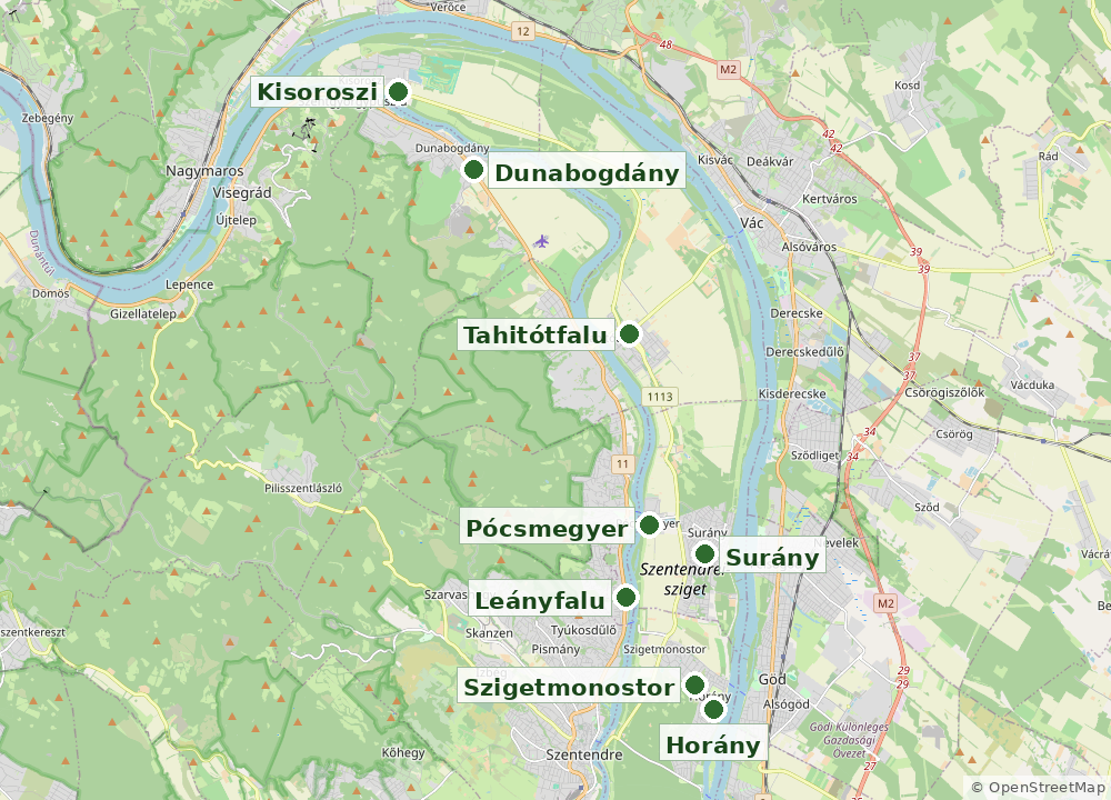 Szállítási terület térkép: Dunabogdány, Tahitótfalu, Leányfalu, Kisoroszi, Pócsmegyer, Surány, Szigetmonostor, Horány